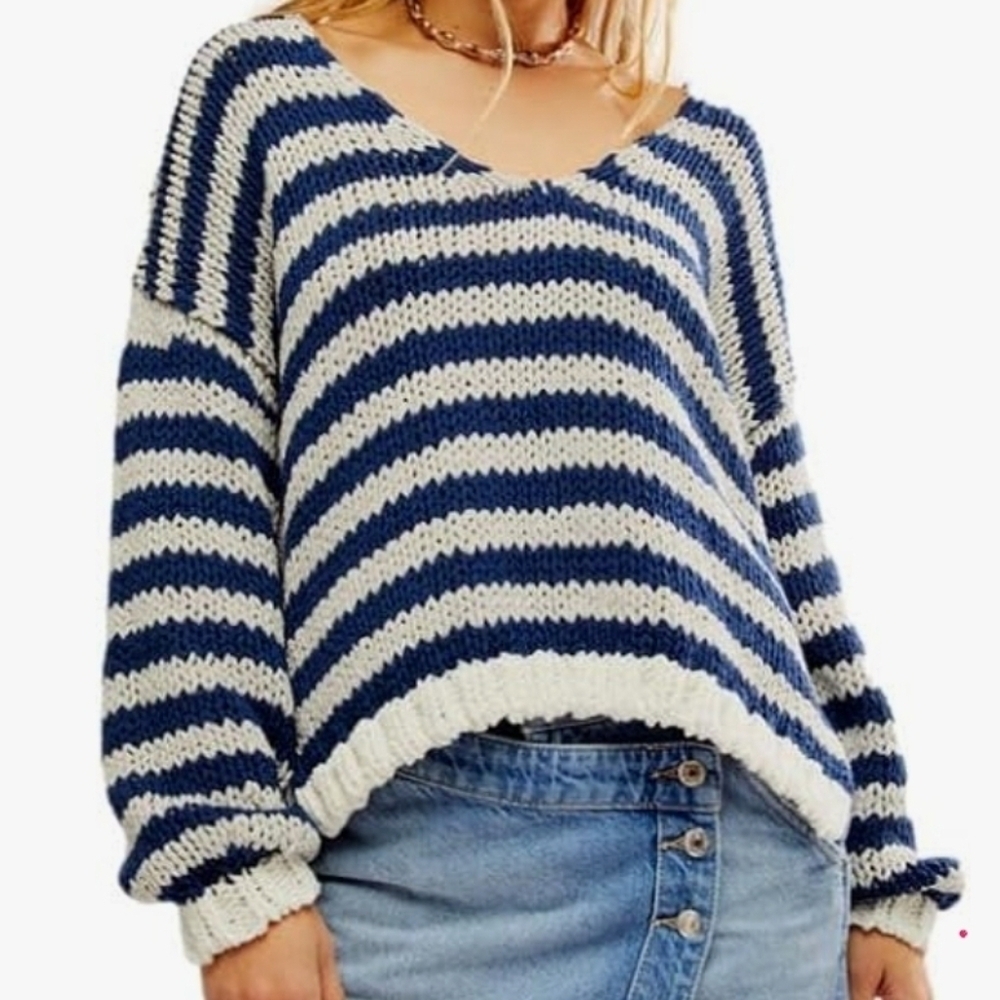 FREE PEOPLE Portland Pullover Navy Blue Stripes Sweater Knit SMALL